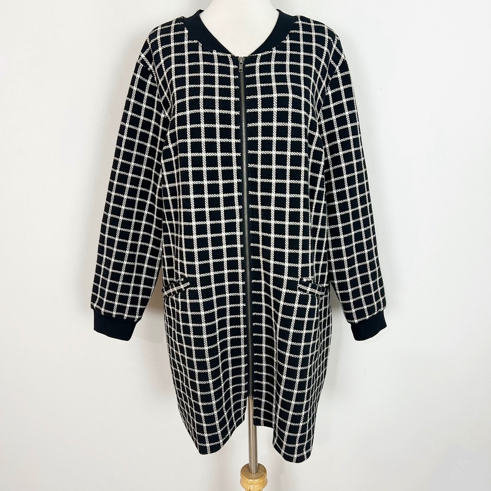 Sanctuary Mid Length Jacket Black White Windowpane Zip Front Size 2X Women's